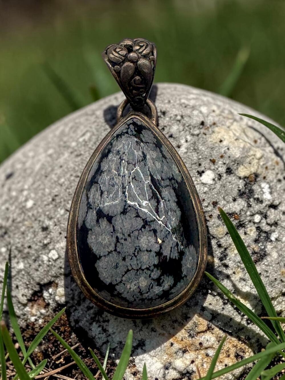Vintage Silver Pendant / Black Jasper Stone / Teardrop Shape / Distressed Finish